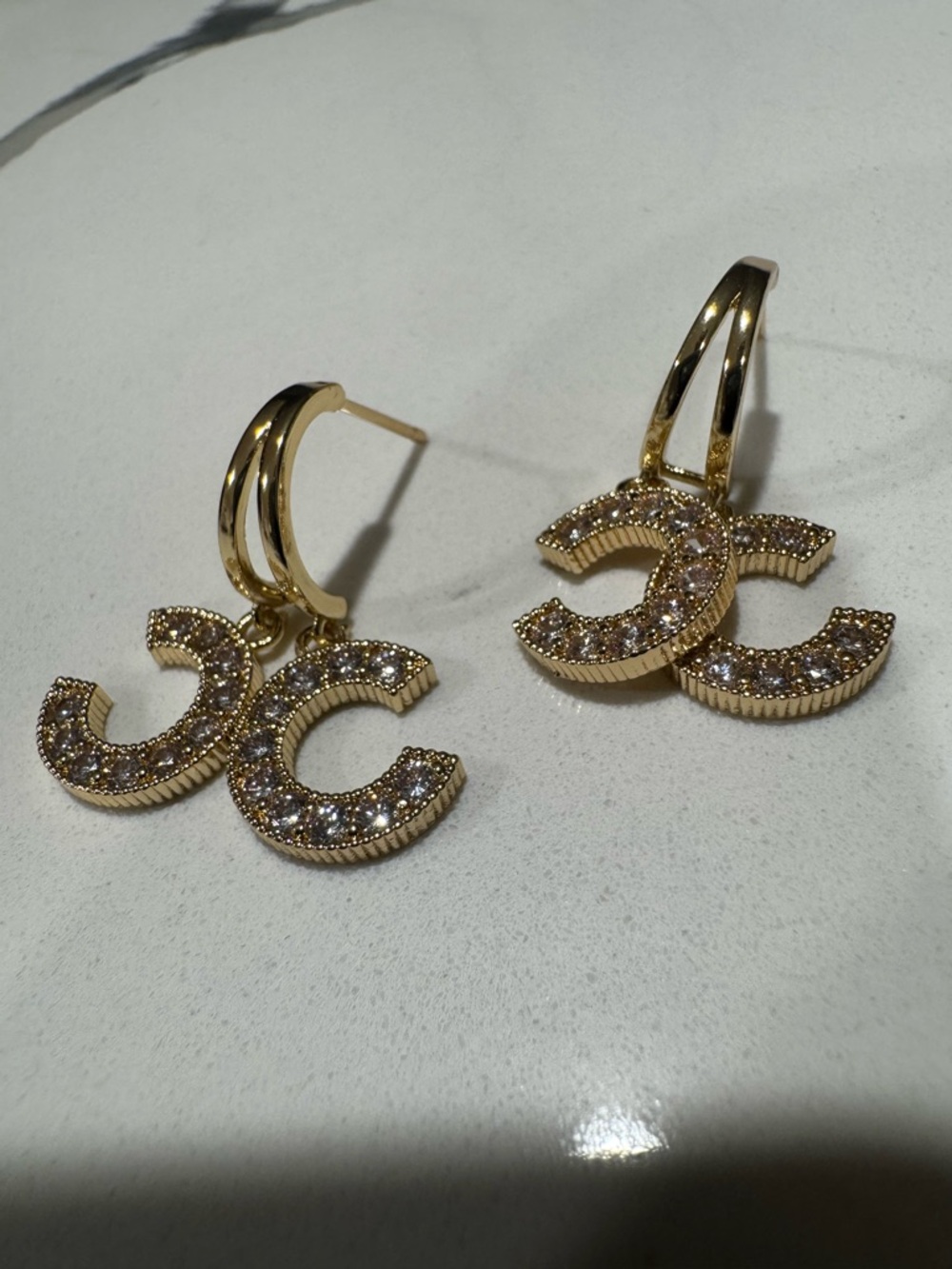 Gold plated Double-C Logo Crystal Drop Earrings